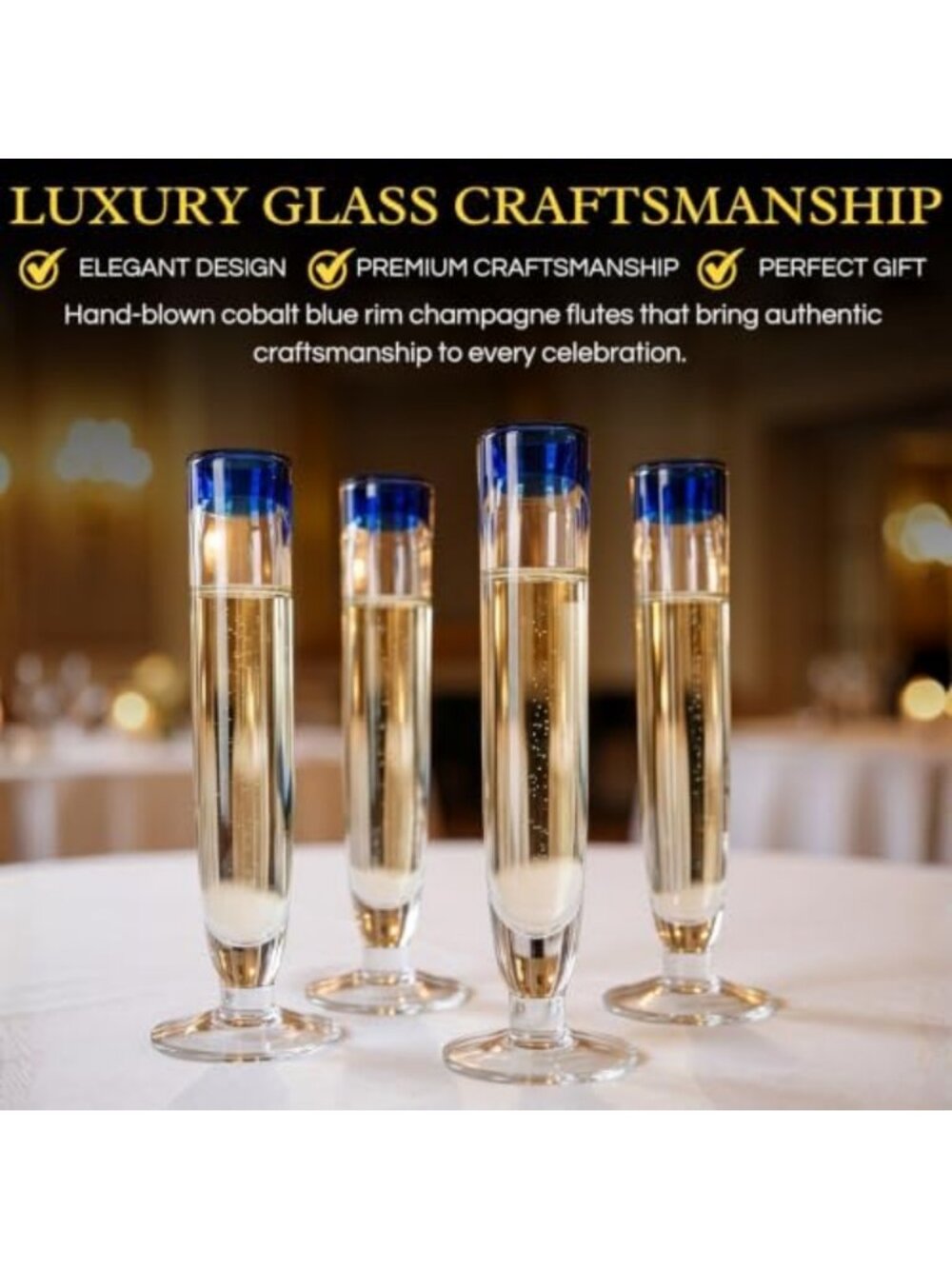Elegant Cobalt Blue Rim Champagne Flutes - Set of 4 - Hand Blown Glassware for - Picture 5 of 6
